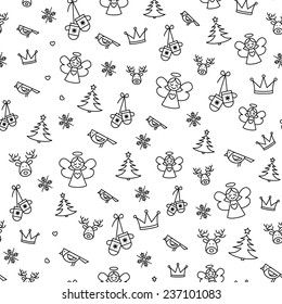 Christmas magic pattern with different winter attributes, such as jingle bells, reindeer, Santa Claus, Christmas gifts, Christmas tree and hearts. Vector illustration