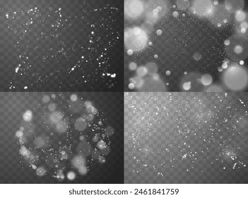 Christmas magic set featuring four vector illustrations with sparkling dust and white bokeh highlights. Abstract light effects on separate backgrounds.