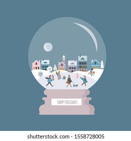 Christmas magic snowball with winter town and noisy people