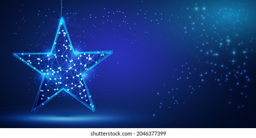 Christmas magic star with low poly design and copy space. Vector illustration with glitter, sparkles and snowflakes on blue background. Stylish concept with shimmering fantasy luxury star shape. 