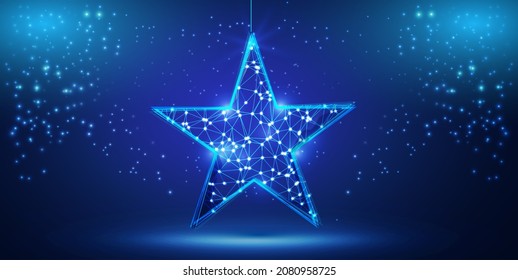 Christmas magic star with low poly design. Vector illustration with glitter and sparkles and on blue background. A stylish concept with shimmering fantasy luxury star shape. Wireframe structure.