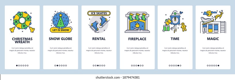 Christmas magic time. Fireplace, christmas wreath, snow globe, ice skates rental. Mobile app onboarding screens. Vector banner template for website and mobile development. Web site design illustration
