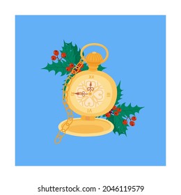 Weihnachtsmagie. Retro Uhr auf Kette und heilig. Vektorgrafik