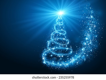 Christmas magic tree with bright star on blue background