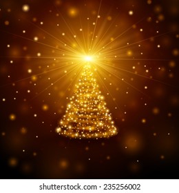 Christmas magic tree with bright star on golden background