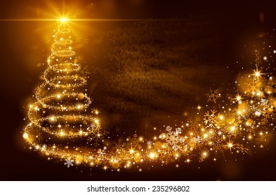 Christmas magic tree with bright star on golden background
