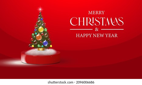Un árbol mágico de Navidad en un pedestal decorado con secuencias y bolas de vidrio, una plantilla vacía. Festividad Navidad de Año Nuevo diseño 3D realista con felicitaciones. Ilustración del vector en el fondo rojo