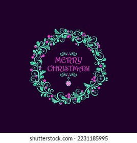 Christmas magic violet greeting card with decorative holly green wreath with pink berries