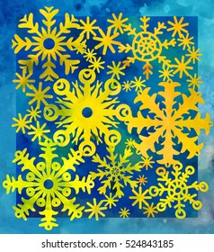 Christmas magical card with snowflakes. Bright and cheerful. Vector watercolor.
