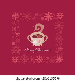 Christmas magical chocolate cup with ornaments on red background with square frame snowflakes