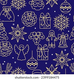 Christmas magical seamless pattern with various winter attributes such as snowflakes, Christmas tree, Santa Claus, Christmas gifts, angel, Santa Claus, Star of Bethlehem, gingerbread man. Vector illus