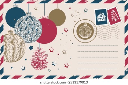 Christmas mail with ball, postcard, hand drawn illustration.