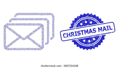 Christmas Mail dirty stamp seal and vector recursion mosaic mail queue. Blue stamp seal has Christmas Mail title inside rosette. Vector mosaic is formed with scattered rotated mail queue items.