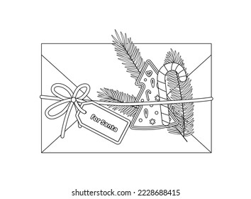 Christmas mail. Envelope coloring page. Black and white letter decorated cookie, rope, candy cane, fir tree branch. Color me. Isolated vector illustration eps