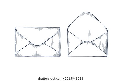 Christmas Mail envelope letters hand drawn Isolated vector illustration set. Sketch for postcard, message parcels, Newsletter Date, postal service, mail delivery. Engraving style collection