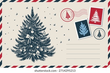 Correio de Natal com árvore verde, cartão postal, ilustração desenhada à mão.	