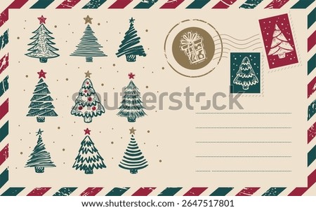 Christmas mail with green tree, postcard, hand drawn illustration.	