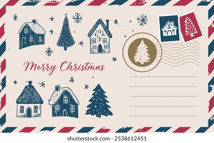 Navidades de correo con casas, nieve y árbol, postal, ilustración dibujada a mano.