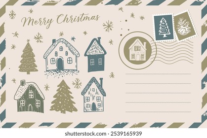 Christmas mail with houses and tree, postcard, hand drawn illustration.	