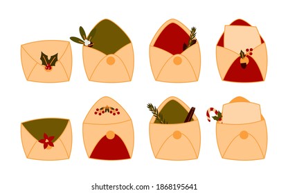 Christmas mail icons set flat cartoon style. Vintage open envelope with xmas decor of berry, leaf or empty letter for Santa. Traditional symbol New Year holiday. Isolated on white vector illustration