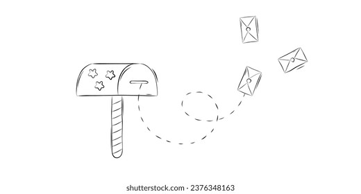 Christmas Mail Letter to Santa Claus Letters flying into the Mailbox Decorative Element in Doodle Style. Christmas coloring book. Simple Vector Illustration.