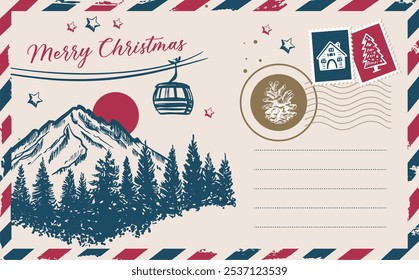 Correio de Natal com montanhas, cartão postal, ilustração desenhada à mão.	