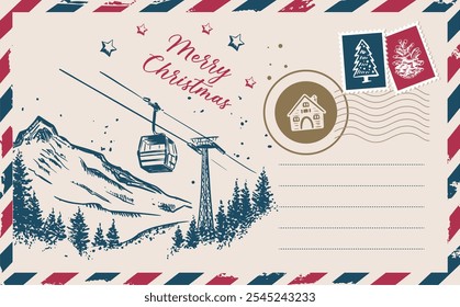 Christmas mail with mountains, postcard, hand drawn illustration.	