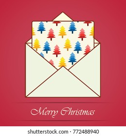 Christmas mail: opened white envelope with a greeting card inside. Christmas letter on a red background