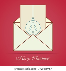 Christmas mail: opened white envelope with a greeting card inside. Christmas letter on a red background