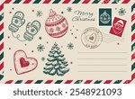 Christmas mail, postcard with ball, tree, Mittens, hand drawn illustration.