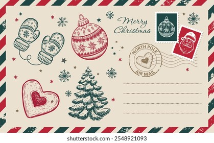 Christmas mail, postcard with ball, tree, Mittens, hand drawn illustration.