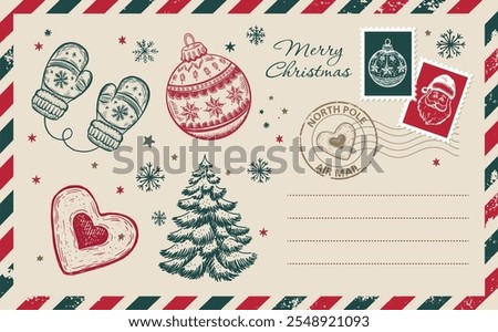 Christmas mail, postcard with ball, tree, Mittens, hand drawn illustration.