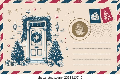 Christmas mail, postcard, Door decoration, hand drawn illustration.