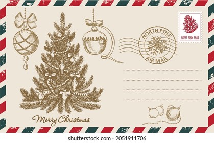 Christmas mail, postcard, hand drawn illustration.