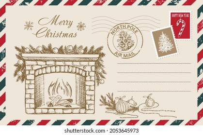 Christmas mail, postcard, hand drawn illustration.	
