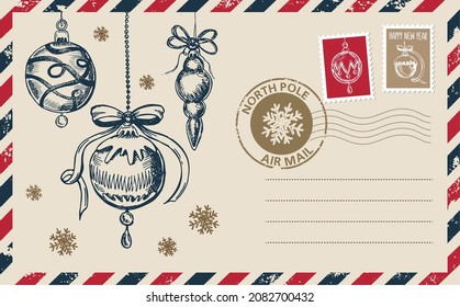 Christmas mail, postcard, hand drawn illustration.
