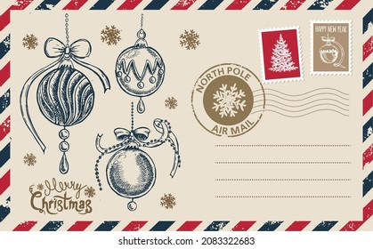 Christmas mail, postcard, hand drawn illustration.
