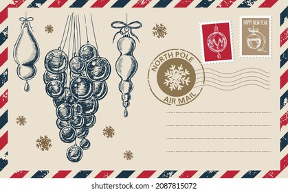 Christmas mail, postcard, hand drawn illustration.
