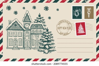 Christmas mail, postcard, hand drawn illustration.	