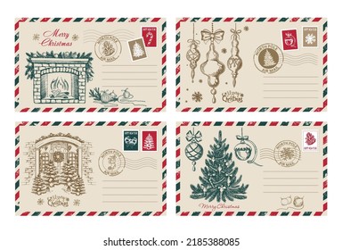 Christmas mail, postcard, hand drawn illustration.	