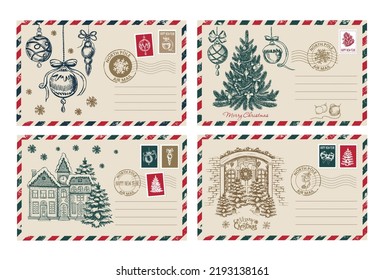 Correo de Navidad, postal, ilustración dibujada a mano.	