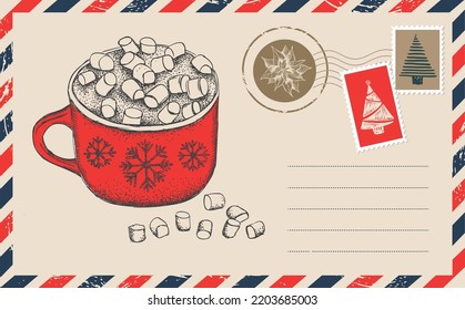 Weihnachtspost, Postkarte, handgezeichnete Illustration.