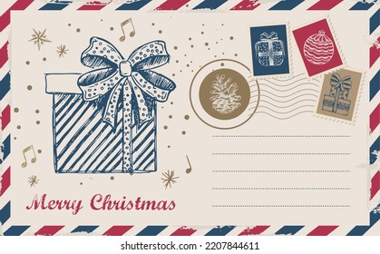 Christmas mail, postcard, hand drawn vector illustration.   