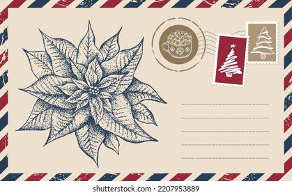 Christmas mail, postcard, hand drawn illustration.	
