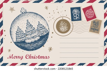 Christmas mail, postcard, hand drawn vector illustration.   