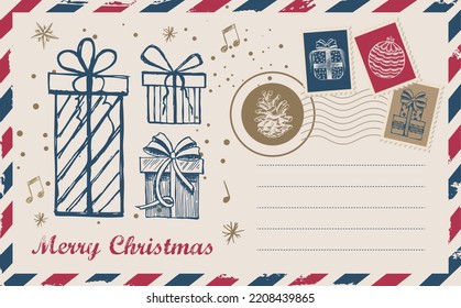 Christmas mail, postcard, hand drawn vector illustration.   