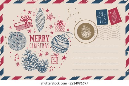 Christmas mail, postcard, hand drawn illustration.