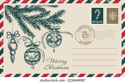 Christmas mail, postcard, hand drawn illustration.	
