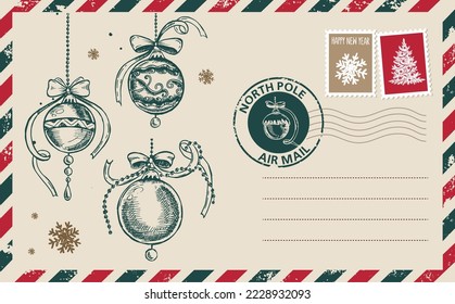 Christmas mail, postcard, hand drawn illustration.	