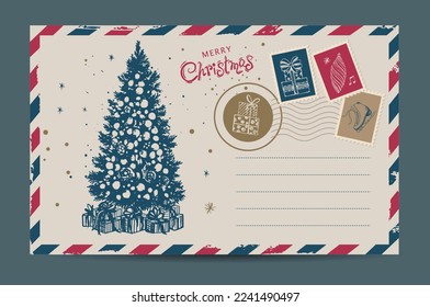 Courrier de Noël, carte postale, illustration dessinée à la main.